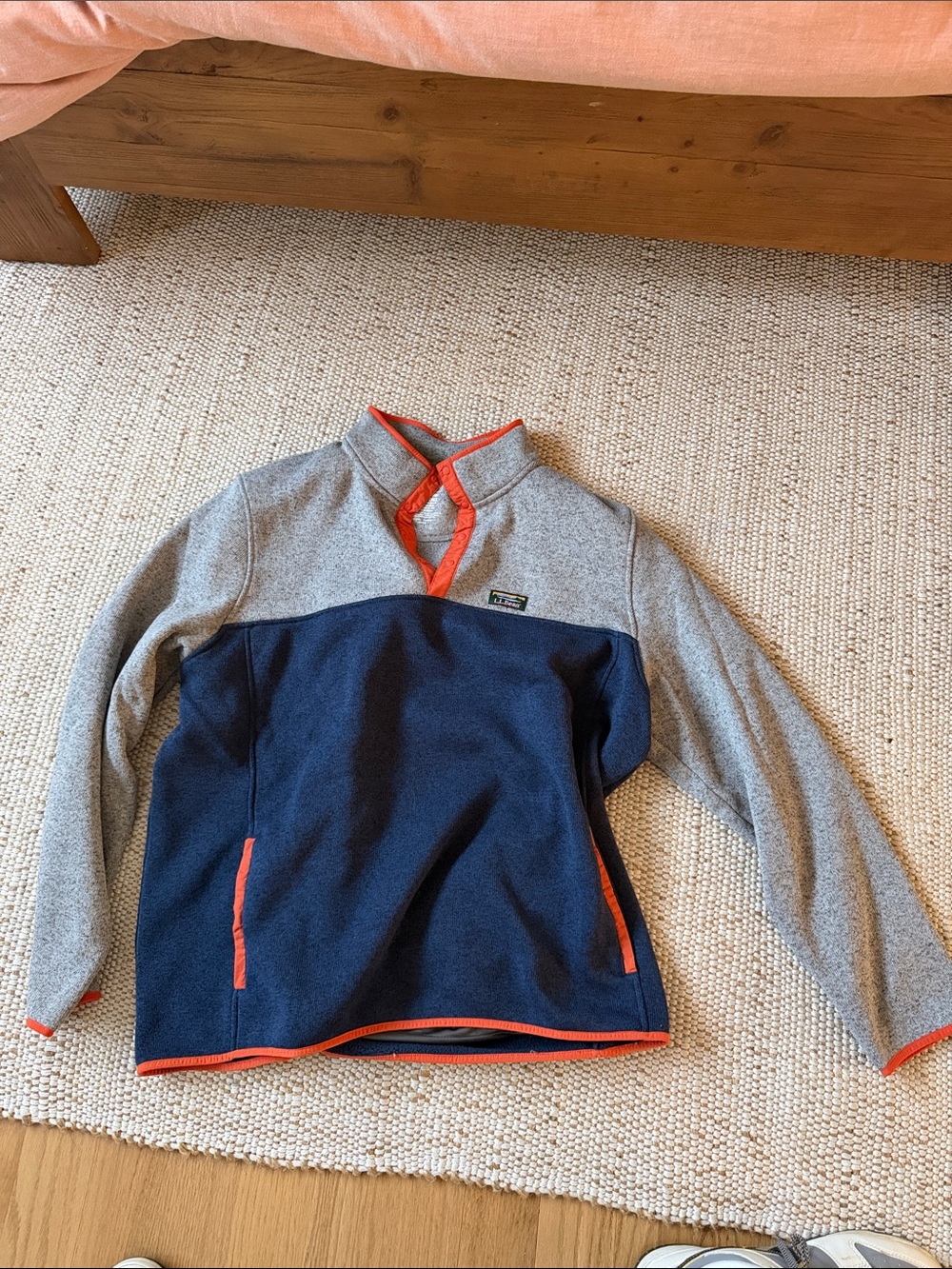 L.L. Bean Navy and Heather Gray Fleece Pullover with Orange Trim